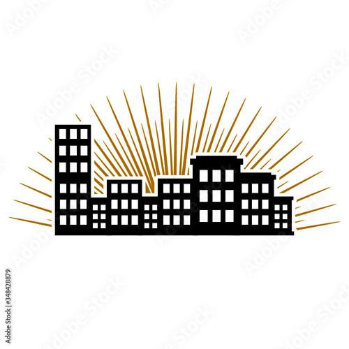 Flat city landscape icon, sunset in megalopolis isolated on white background
