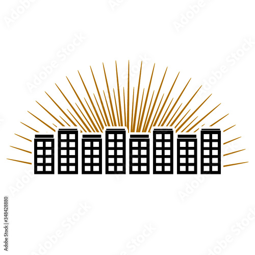 Flat city landscape icon, sunset in megalopolis isolated on white background
