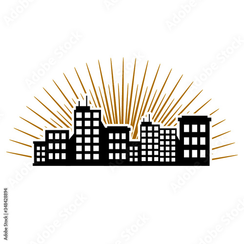 Flat city landscape icon, sunset in megalopolis isolated on white background