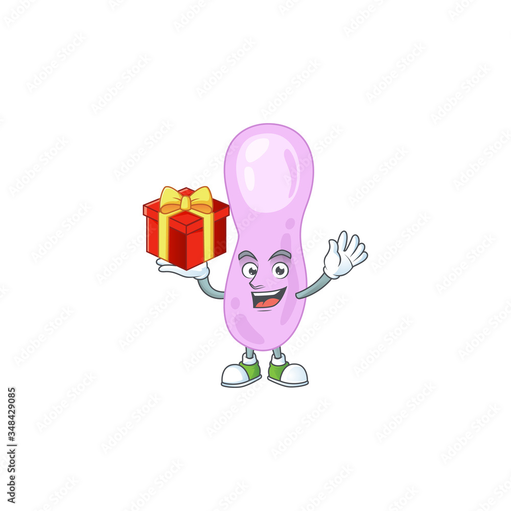 Clostridium botulinum cartoon mascot concept design with a red box of gift Clostridium botulinum cartoon mascot concept design with a red box of gift