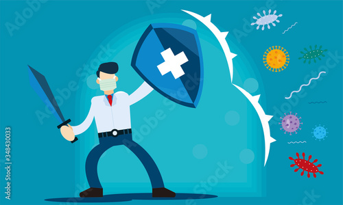 Immune system vector icon logo. Health bacteria virus protection. Medical prevention human germ. Healthy man reflect bacteria attack with shield. Boost Immunity with medicine concept illustration