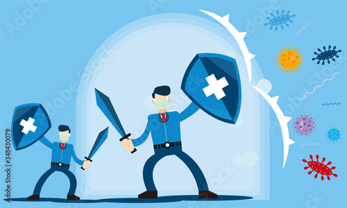 Immune system vector icon logo. Health bacteria virus protection. Medical prevention human germ. Healthy man reflect bacteria attack with shield. Boost Immunity with medicine concept illustration