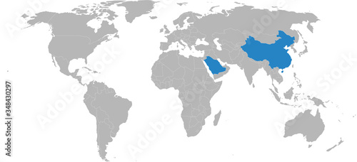 China  Saudi arabia countries isolated on world map. Light gray background. Business concepts  diplomatic  trade and transport relations.