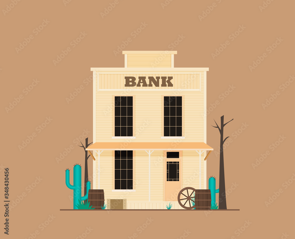 Western town bank in flat design style isolated on color background