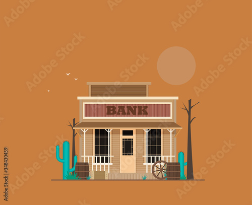 Western town bank in flat design style isolated on color background