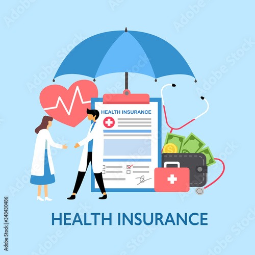 Health insurance concept vector illustration. Doctors standing with document, money wallet and medical case under big umbrella. Design for website, landing page, poster. photo