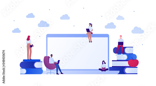 Student lifestyle and college education concept. Vector flat person illustration. Group of multi-ethnic young adult. Laptop computer with copy space, book, chair. Design for banner, web, infographic.