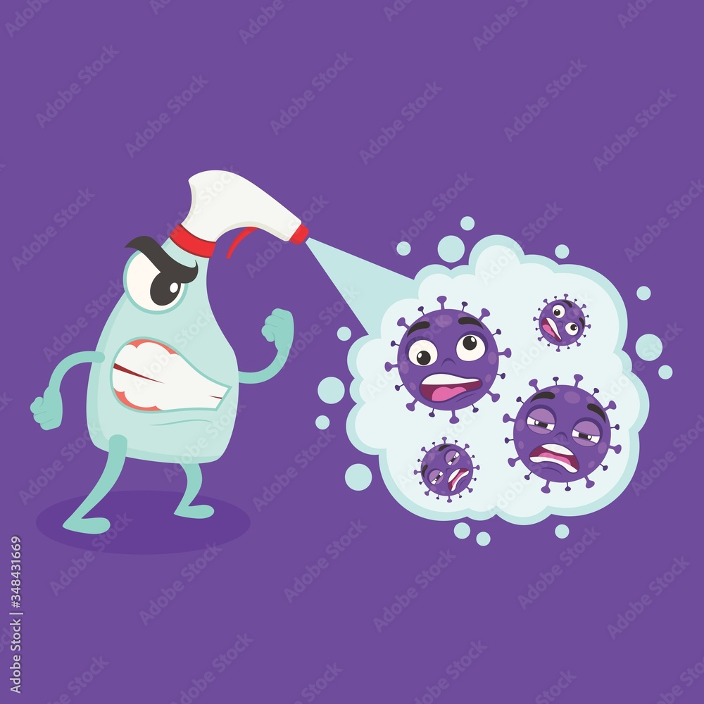 Sanitizer spray killed coronavirus. Virus being killed by spray, disinfectant solution. Spray to cleaning and disinfection virus, covid-19, coronavirus disease, preventive measures. Sanitizer spray killed coronavirus. Virus being killed by spray, disinfectant solution. Spray to cleaning and disinfection virus, covid-19, coronavirus disease, preventive measures.