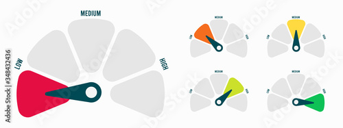 Radial scale from red to green with arrow hand pointer. Vector illustration.