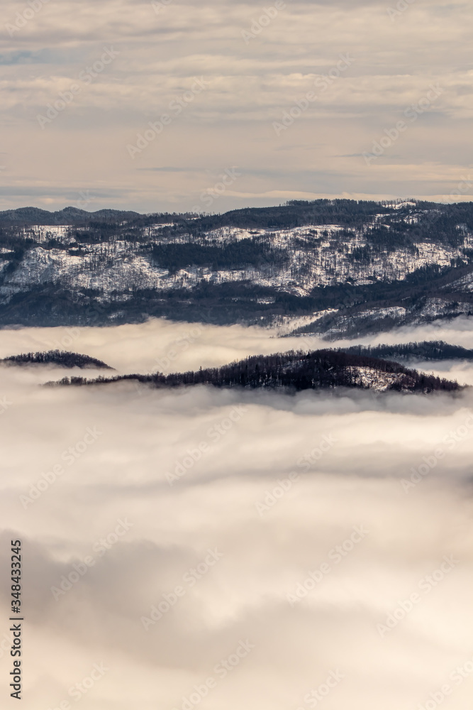 Bohinj valley covered in morning fog