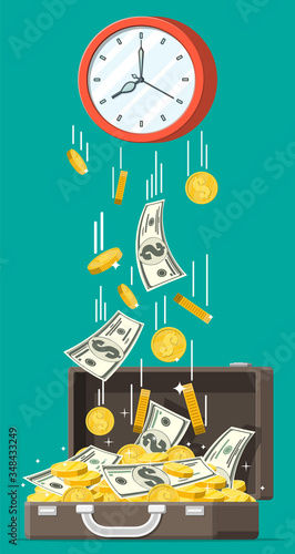 Leather briefcase, coins banknotes falling from clocks. Saving dollar coin in purse. Growth, income, savings, investment. Banking, time is money. Wealth, business success. Flat vector illustration