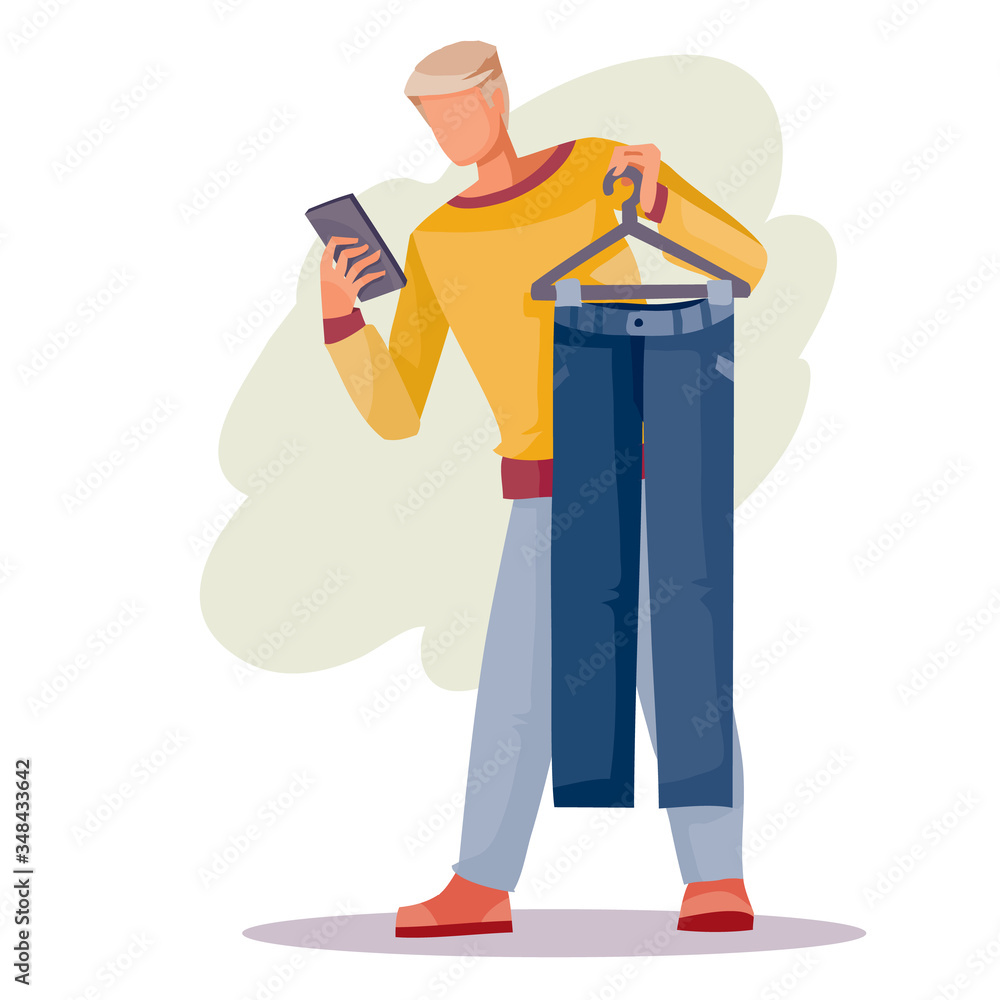 man holds a hanger with pants in his hands and looks at his phone, isolated object on a white background, vector illustration, man holds a hanger with pants in his hands and looks at his phone, isolated object on a white background, vector illustration,