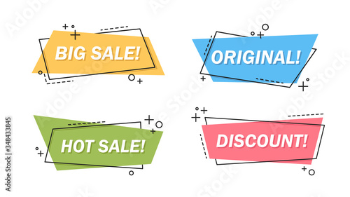 Sale letterings set. Colorful irregular shapes with big sale, discount text, labels or stickers design. Vector illustration for helpful special offer, promo campaign, clearance concept