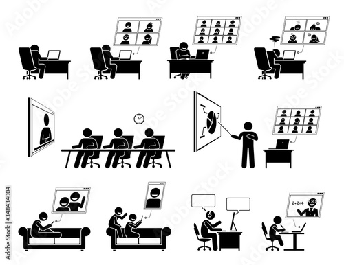 WFH or work from home video conference online meeting. Vector of people working and discussion thru web conferencing. Happy parent and children video call. Child learning through remote virtual class.