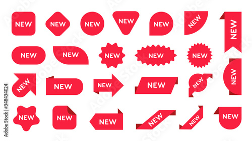 New stickers set. Red mew arrival marks of arrow, round, triangle, ribbon shapes, promo banner design. Vector illustration for shopping, sale, retail, special offer, discount concept
