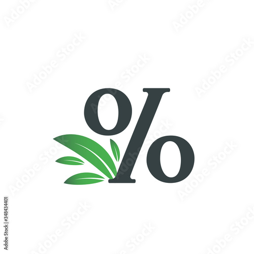 Percentage sign logo with green leaves. Percentage character % logo with green leaf.