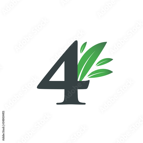 Number Four logo with green leaves. Natural number 4 logo with green leaf.