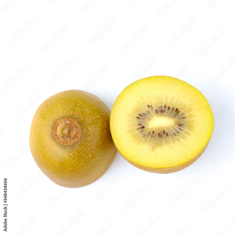 Close up Fresh gold kiwi fruits isolated on white background, macro shot
