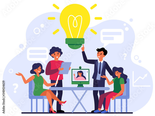 Colleagues discussing project online and offline. Conference call, brainstorm, idea flat vector illustration. Social distance, lockdown, teamwork concept for banner, website design or landing web page