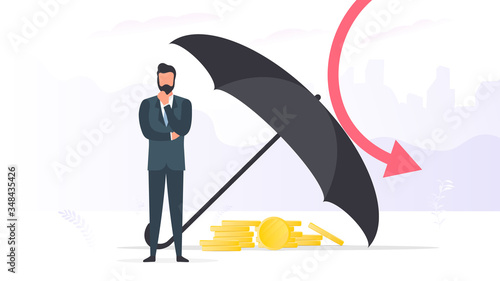 Businessman under an umbrella. Business conservation concept. Business is safe from risks. Vector.