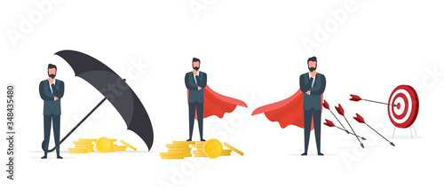 Big set Businessman in a business suit. A man in a classic suit. Good for presentation on business, motivation and investment. Isolated. Vector.