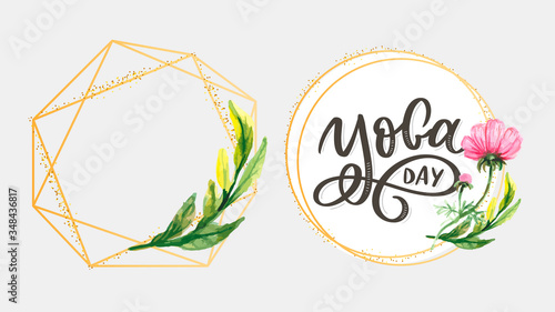 Lettering Yoga. Vector background International Yoga Day. Vector design for poster, T-shirts, bags. Yoga typography. Vector elements for labels, logos, icons, badges.