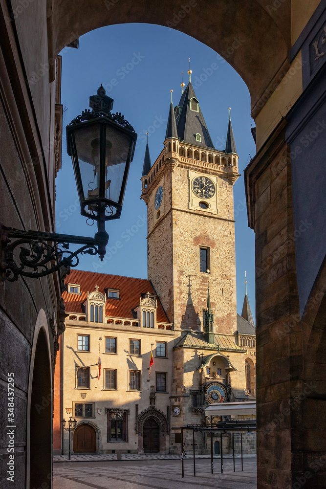 view of the Prague Astronomical Clock without people. Covid-19. Orloj.