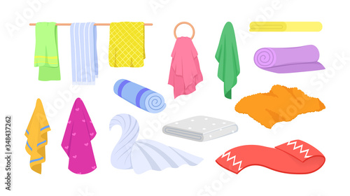 Colorful towels set. Fluffy, clean, dry, rolled, stacked and hanging bath and beach towels. Vector illustration for cloth, textile, household, hotel, hygiene concept