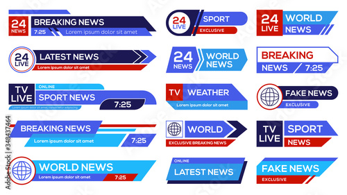 News broadcast emblems set. Headers on lower banners, channels emblems with sport, world, latest, breaking news. Vector illustration for television, TV show concept