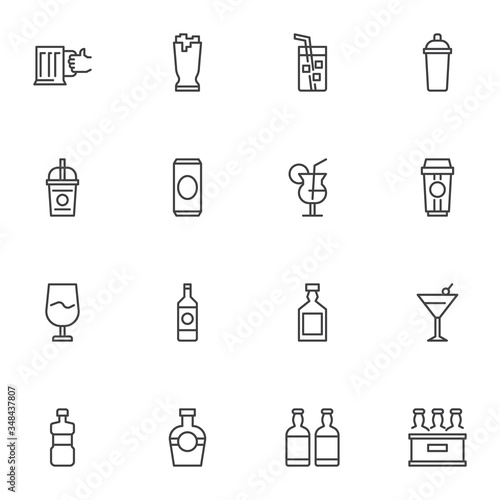Pub beverages line icons set, alcoholic drinks outline vector symbol collection, linear style pictogram pack. Signs, logo illustration. Set includes icons as beer pint, cocktail, vine glass, margarita