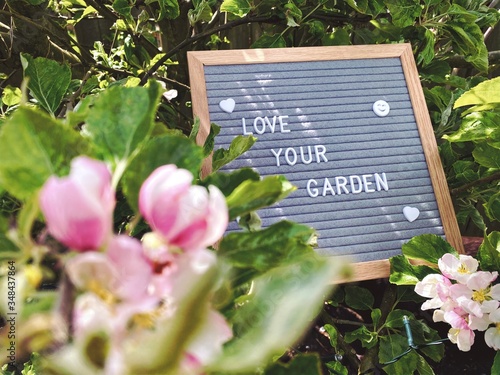 Love your garden. Gardening concept with felt letter board in the branches of an dwarf apple tree with blossom flowers and green foliage. Selective focus view with blurry background and copy space.