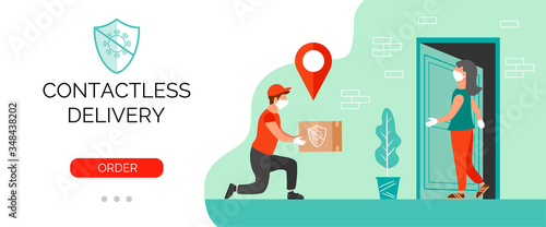 Contactless delivery service templete. Delivery person bring order to door. Vector banner for your business.