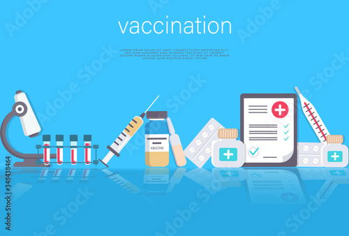 Vaccination concept illustration. Medical document with medicine and equipment.
