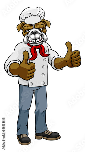 A bulldog chef mascot cartoon character giving a double thumbs up