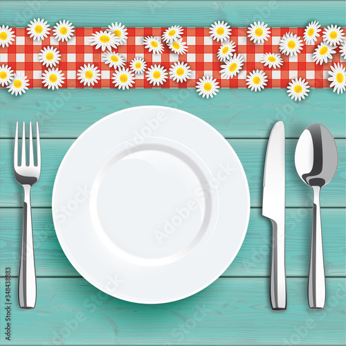 Turquoise Wood Daisy Flowers Knife Fork Spoon Plate