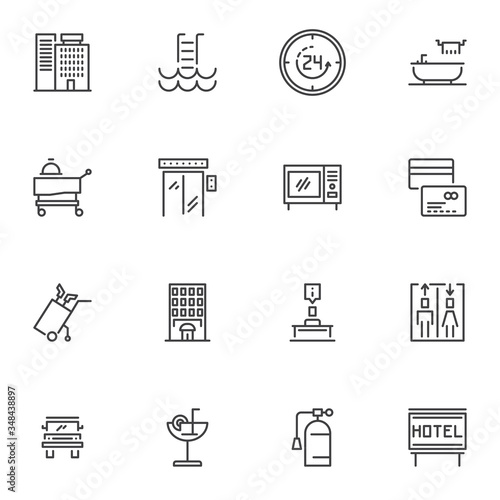 Hotel service line icons set, outline vector symbol collection, linear style pictogram pack. Signs logo illustration. Set includes icons as hotel building, reception, restaurant food, elevator, toilet