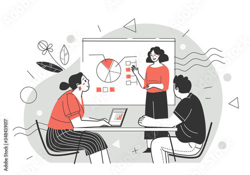 Business training, professional development of employees. Concept of meeting, presentation, annual report. Presentation for colleagues. Vector illustration