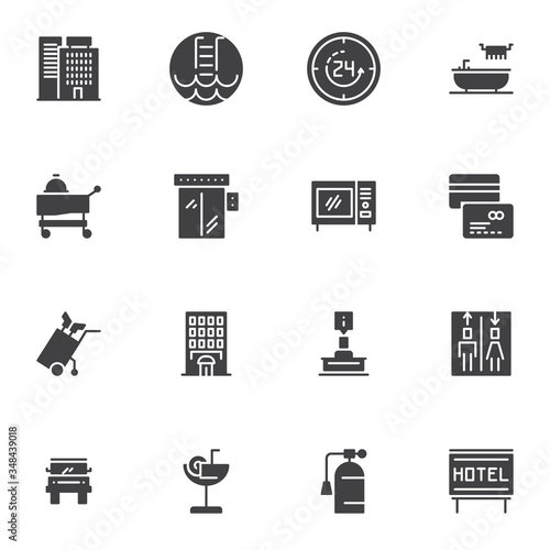 Hotel service vector icons set, modern solid symbol collection, filled style pictogram pack. Signs logo illustration. Set includes icons as hotel building, reception, restaurant food, elevator, toilet photo