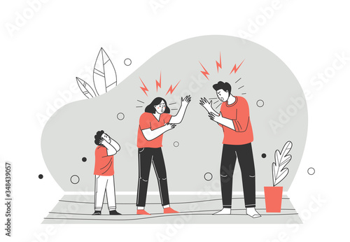 Domestic conflicts and disagreements on self-isolation, quarantine. Family angry. Finding out the relationship between a man and a woman, domestic violence. Vector illustration in flat cartoon style.