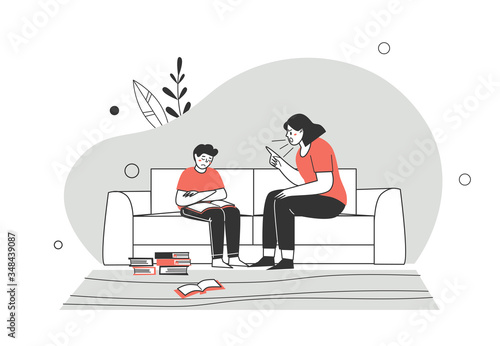 Homeschooling or home education. A mother, a parent scolds her son's child for lessons. Difficulties of home schooling. Flat style character vector illustration