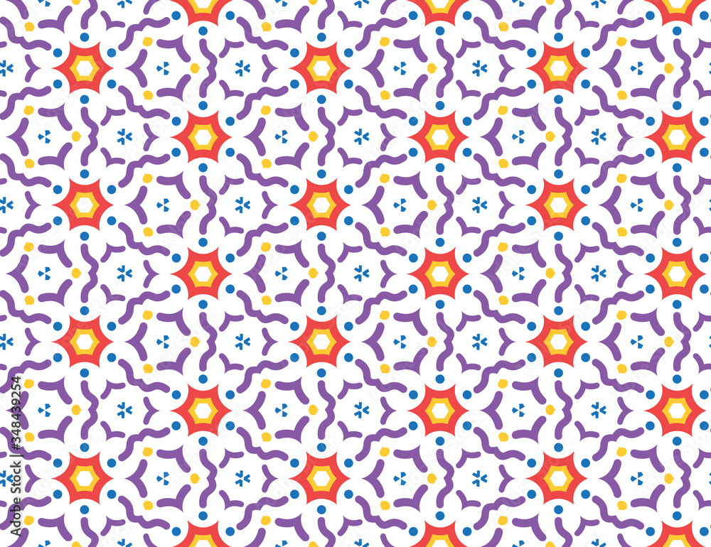 Seamless geometric pattern, texture or background vector in purple, red, yellow, blue colors, white background.