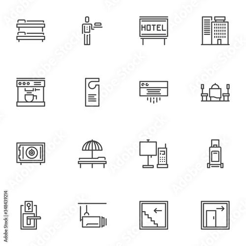 Hotel service line icons set, outline vector symbol collection, linear style pictogram pack. Signs, logo illustration. Set includes icons as hotel building, door hanger, air conditioner, safe box