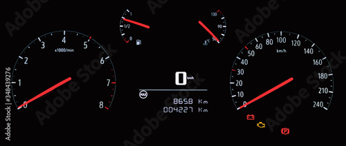 Illustration of car instrument panel with speedometer, tachometer, odometer, fuel gauge, water temperature gauge, check engine and battery warning icon. Analog instrument cluster with digital display.