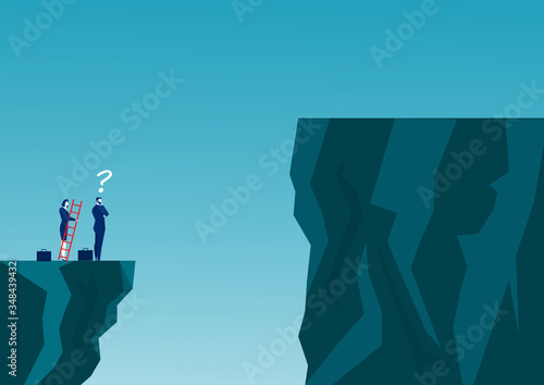 Businessmen are competing across the cliff to the goal opposite the stair red go to success goal. to overcome obstacle concept