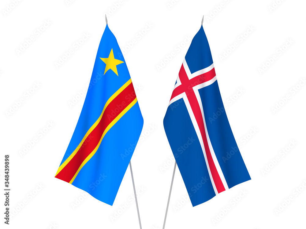 National fabric flags of Democratic Republic of the Congo and Iceland isolated on white background. 3d rendering illustration.