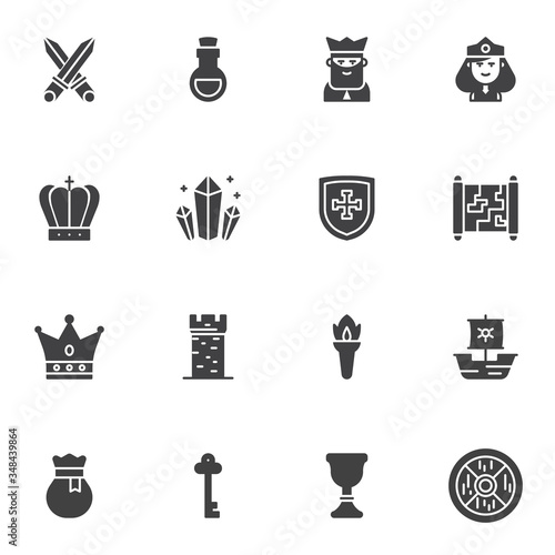 Fairytale vector icons set, modern solid symbol collection, filled style pictogram pack. Signs, logo illustration. Set includes icons as king, princess, medieval tower, crown, shield, sword, elixir