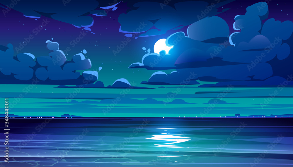 Night sea landscape with moon, stars and clouds in dark sky. Vector cartoon  illustration of midnight scene with ocean, with coastline silhouette on  horizon and moonlight reflection in water Stock Vector |