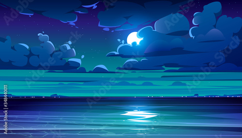 Night sea landscape with moon, stars and clouds in dark sky. Vector cartoon illustration of midnight scene with ocean, with coastline silhouette on horizon and moonlight reflection in water