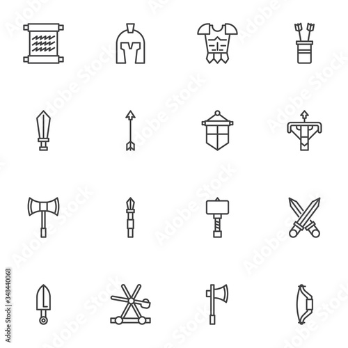 Medieval knight line icons set, outline vector symbol collection, linear style pictogram pack. Signs, logo illustration. Set includes icons as plate armour, shield, helmet, bow and arrow, axe, spear