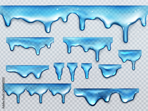 Dripping blue water isolated on transparent background. Vector realistic set of drops, splash and flow clear pure aqua, liquid watercolor paints or tears